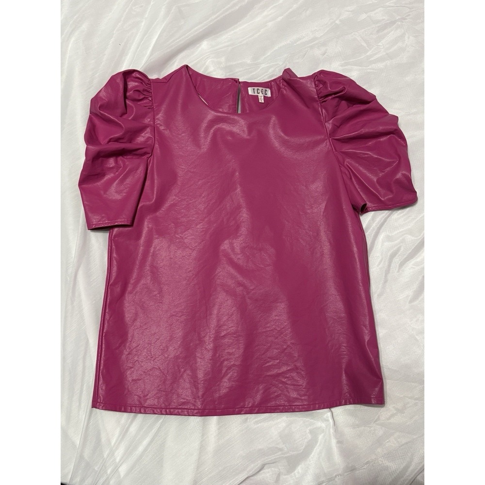 TCEC Women's Faux Leather Puff Sleeve Blouse Pink Size Small